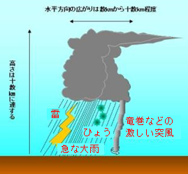 積乱雲の特徴
高さは10数㎞、広がりは数㎞から十数㎞まで広がる
積乱雲の影響で雷・ひょう・大雨・竜巻などの激しい突風が引き起こされる