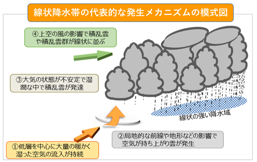 線状降水帯の発生メカニズムの模式図
①低層を中心に多量の暖かく湿った空気の流入が続く
②局地的な前線や地形などの影響で空気が持ち上がり雲が発生
③大気の状態が不安定で湿潤な中で積乱雲が発達
④上空の風の影響で積乱雲や積乱雲群が線状に並ぶ