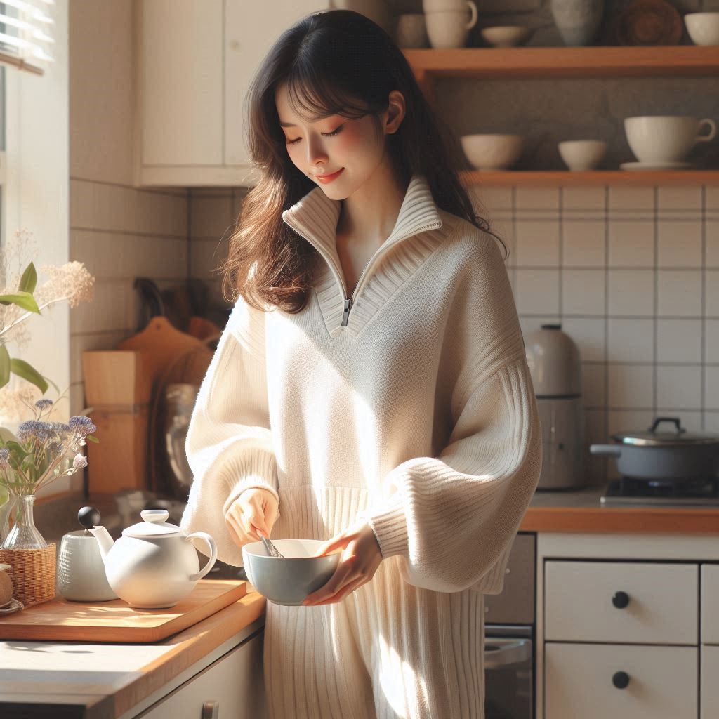 お料理にも最適な、ハーフジップトップスとリブニットパンツの楽ちん秋コーデ