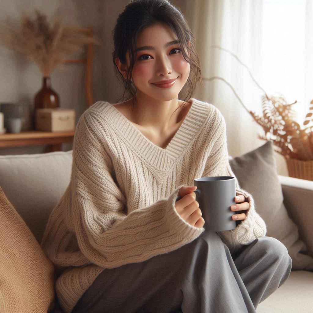 秋のお家デートにぴったりな、ゆるニットとテーパードパンツの大人可愛いコーデ