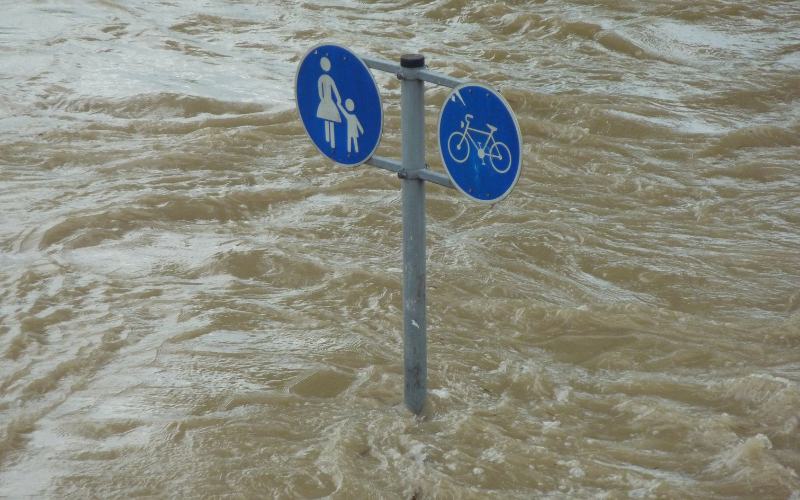 大雨で標識が水没している写真