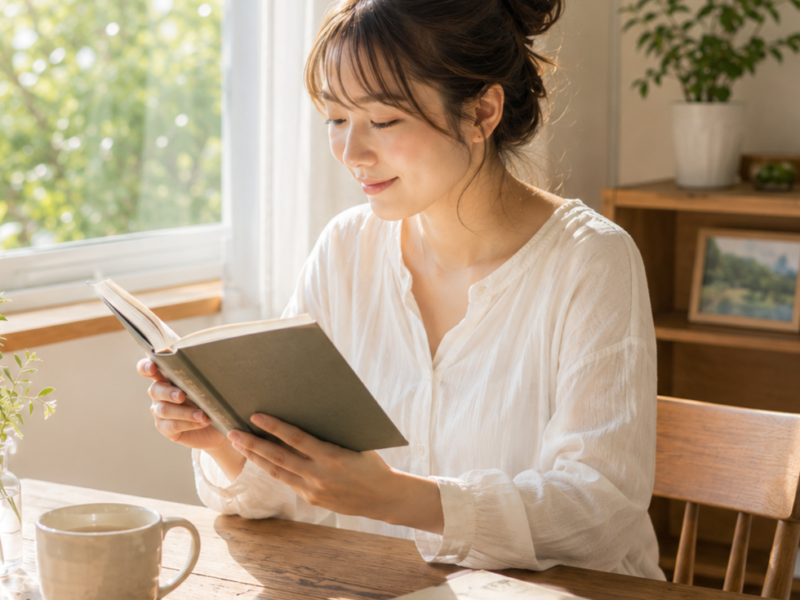 窓辺で読書をする女性